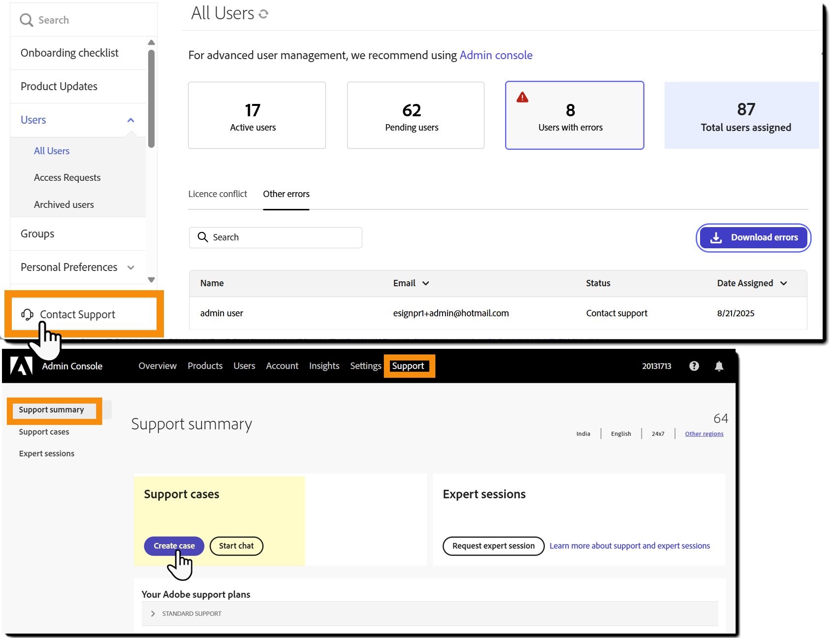 Destek Birimiyle İletişime Geçme bağlantısının ve sonuç niteliğindeki Admin Console sayfasının vurgulandığı Hatalar görünümü