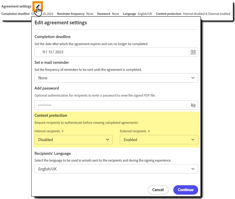 O painel de configurações do contrato com os campos de proteção de conteúdo realçados