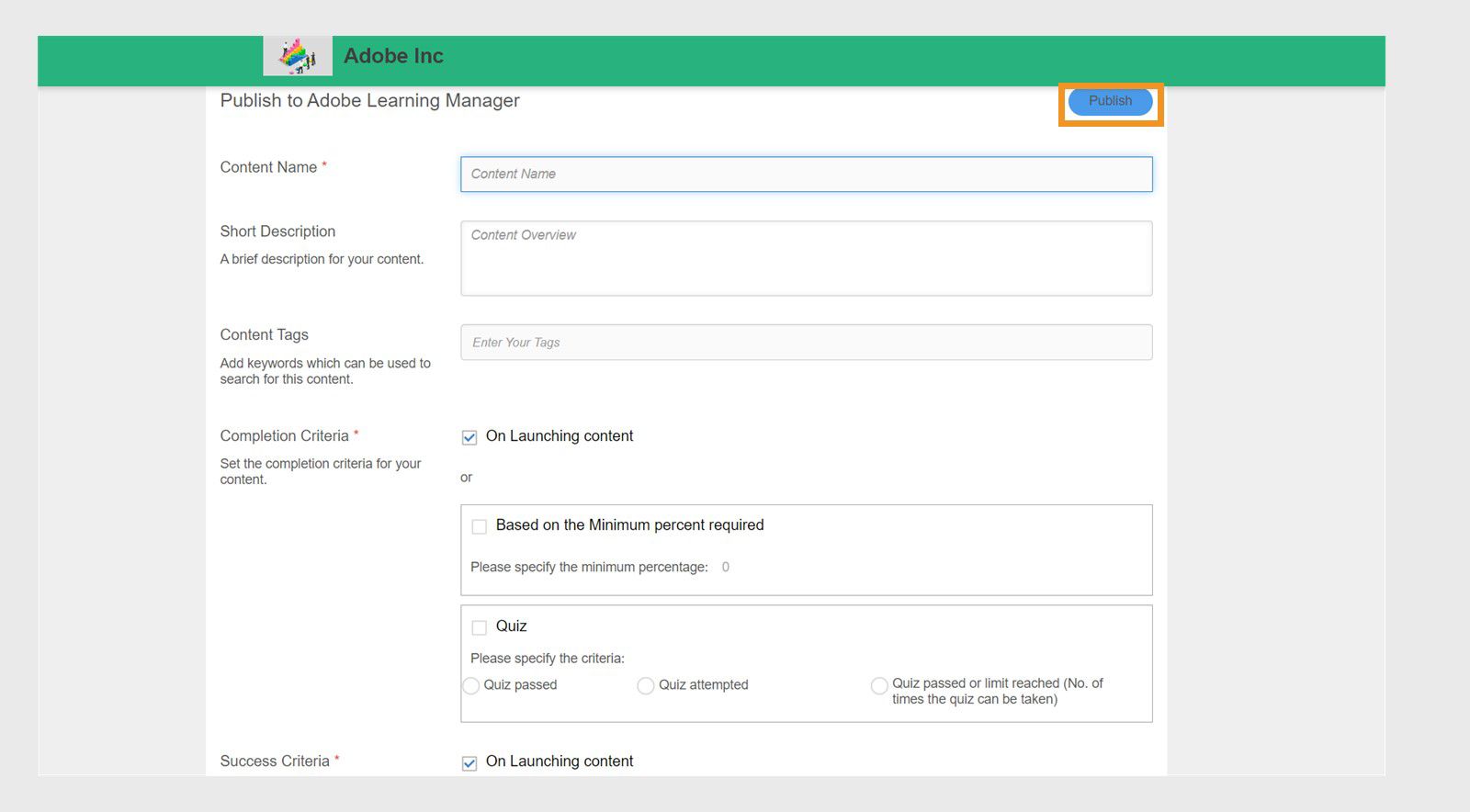 This is an image that describes the content tags required to fill while publishing a project to ALM