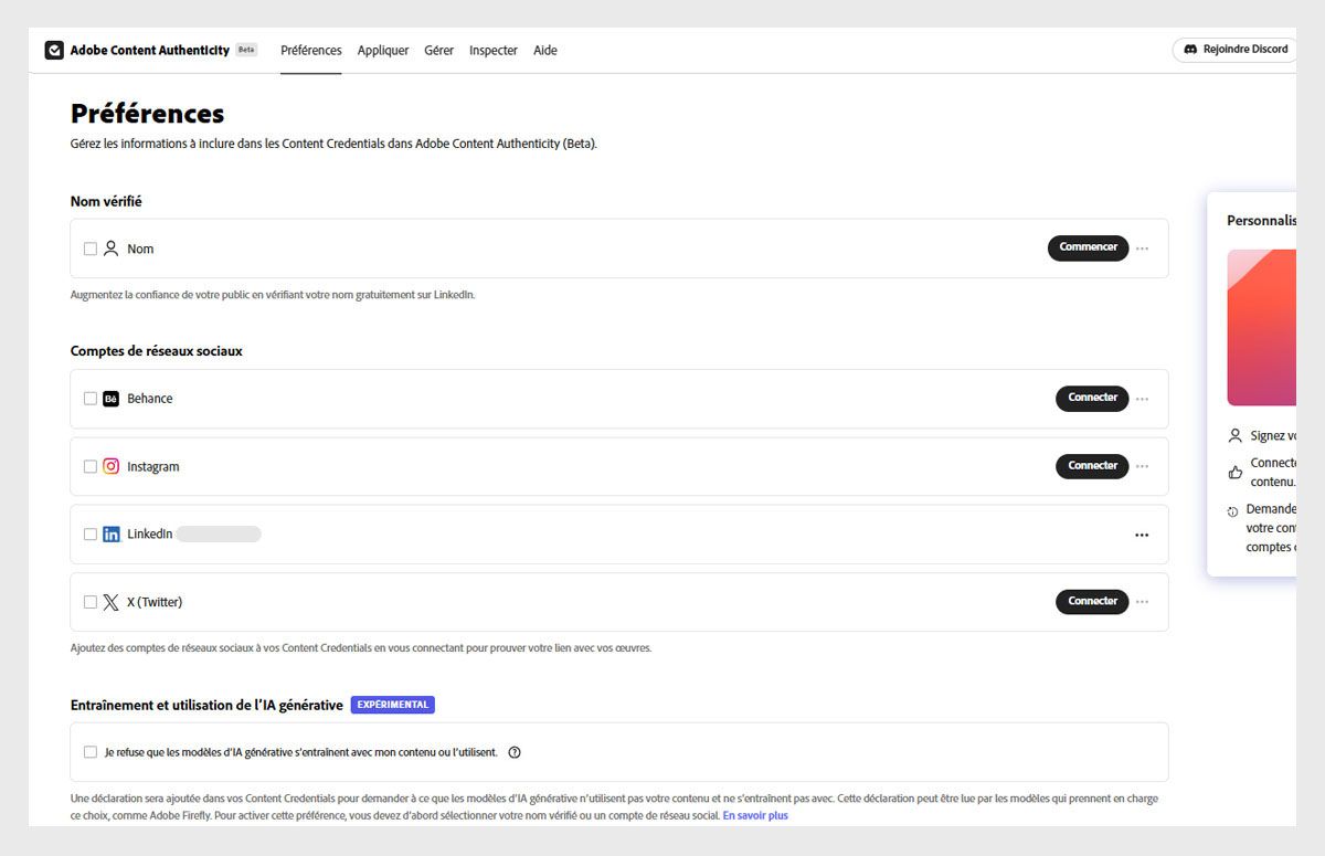 Écran Paramètres affichant les connexions des comptes de réseaux sociaux et l’option permettant de désactiver l’utilisation pour l’entraînement de l’IA générative.