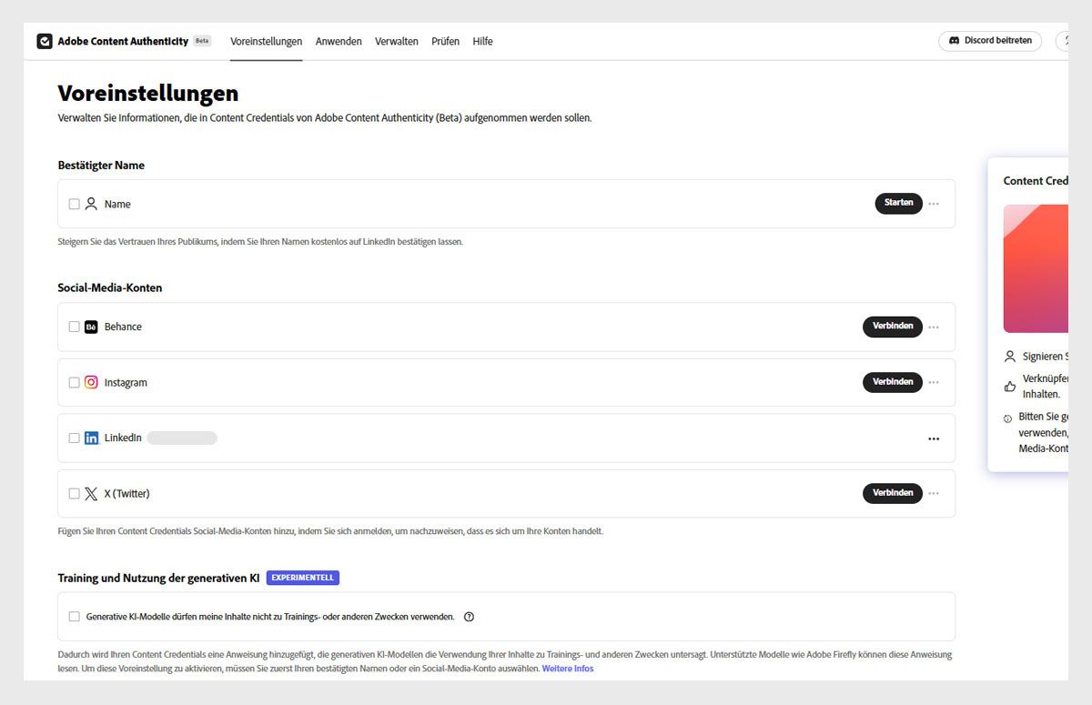 Einstellungsbildschirm mit Social-Media-Kontoverbindungen und Option zum Deaktivieren der Nutzung für generatives KI-Training.