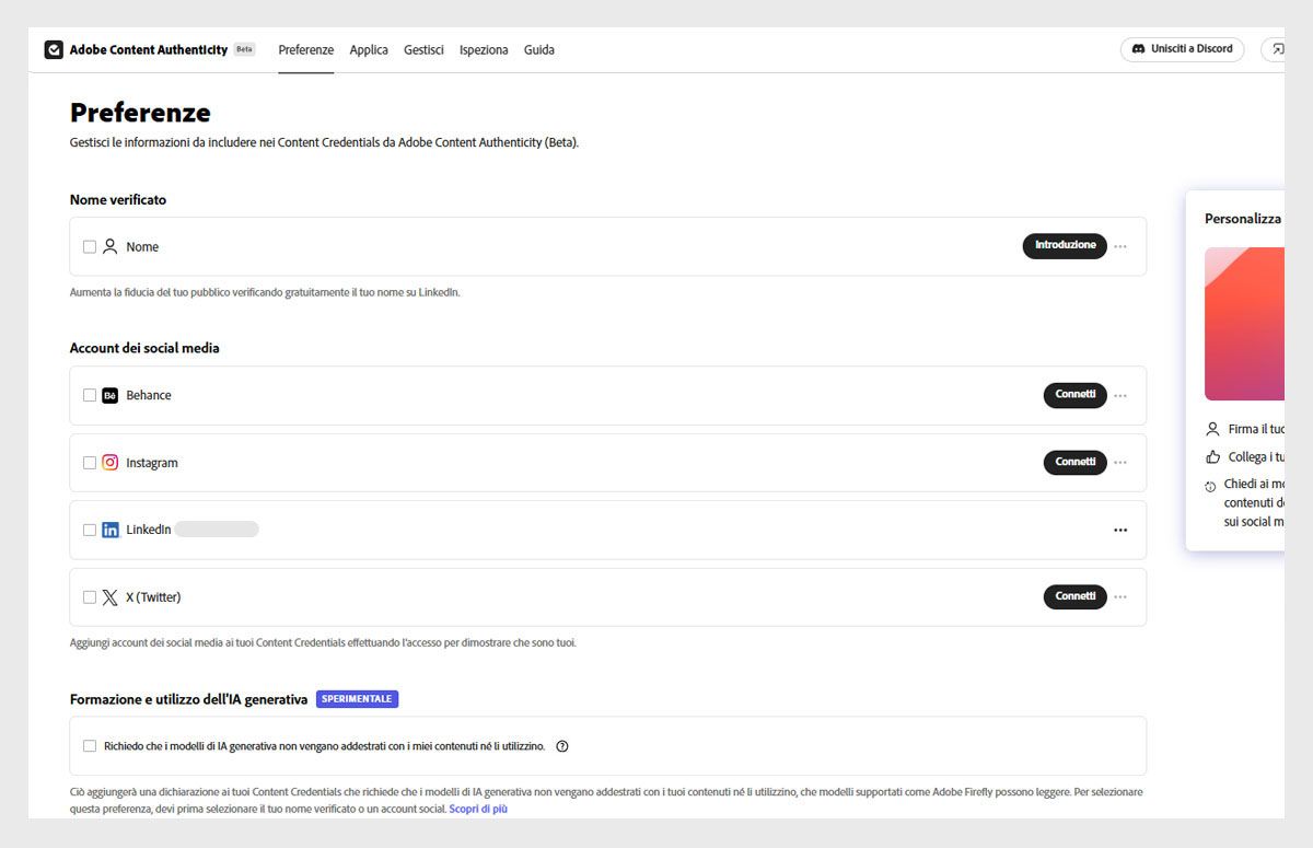 Schermata delle preferenze che mostra i collegamenti agli account social e l’opzione per disabilitare l’utilizzo dell’addestramento dell’IA generativa.