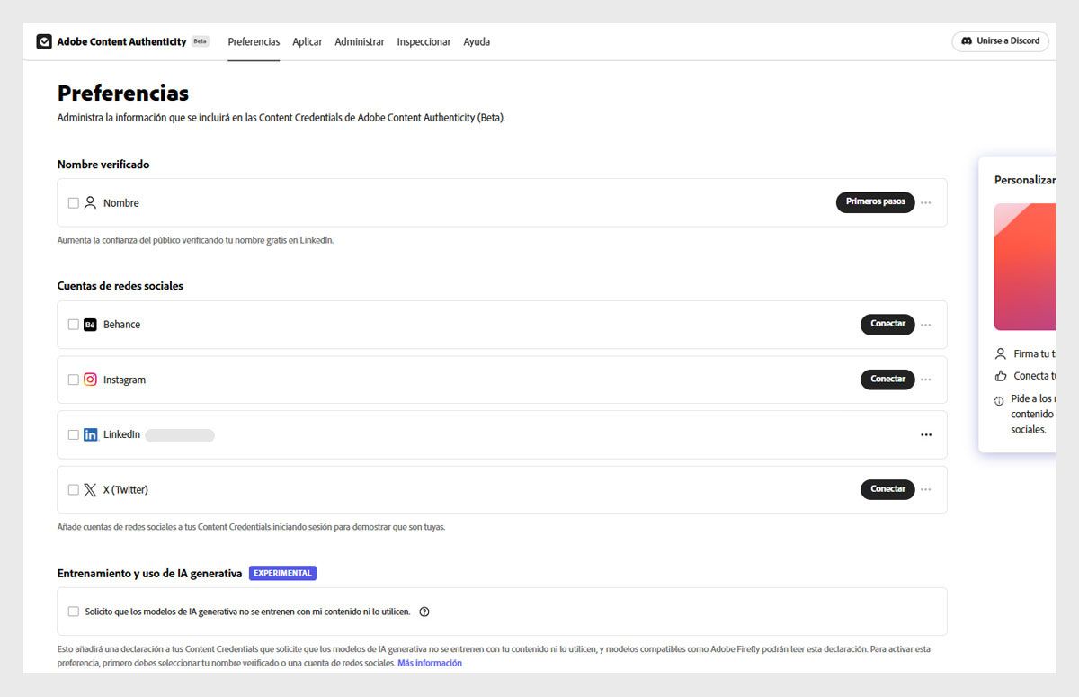 Pantalla de preferencias que muestra conexiones de cuentas sociales y la opción para deshabilitar el uso de entrenamiento de IA generativa.