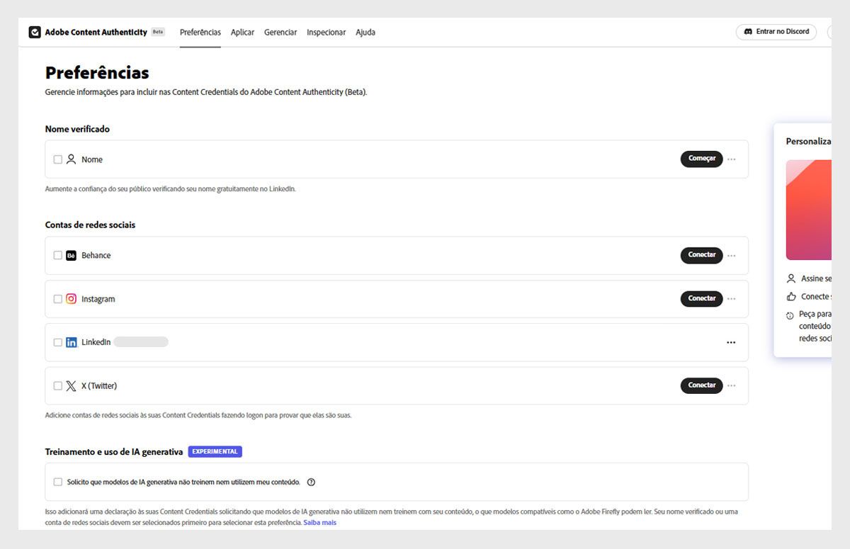 Tela de preferências mostrando conexões de contas sociais e opção para desabilitar o uso para treinamento de IA generativa.