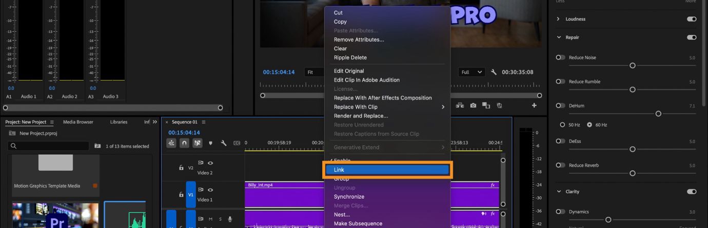 Menú contextual en Premiere Pro con la opción Vincular resaltada para reconectar clips de audio y vídeo separados en la cronología.