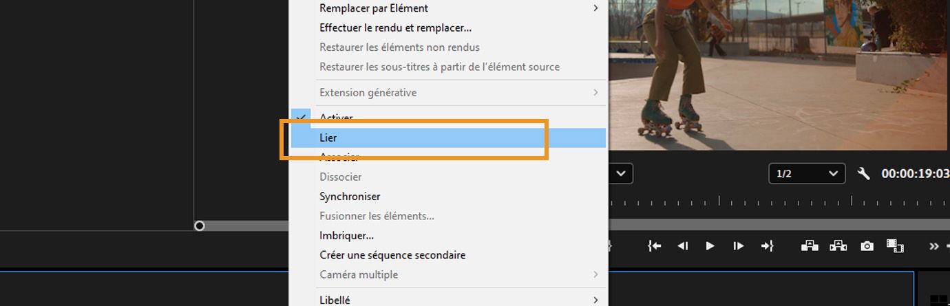 Menu contextuel dans Premiere Pro avec l'option Lier mise en évidence pour reconnecter des clips audio et vidéo séparés dans le montage.