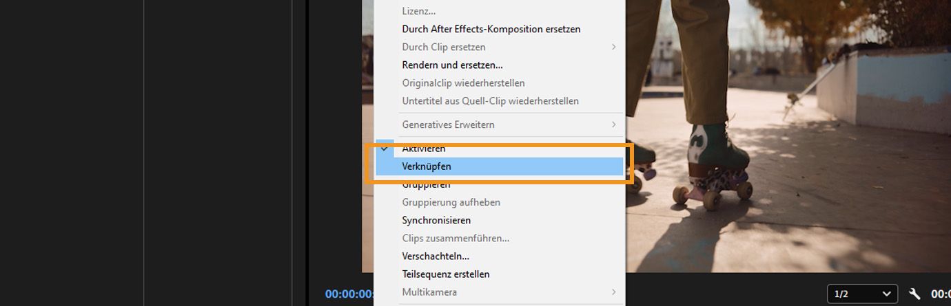 Kontextmenü in Premiere Pro mit hervorgehobener Option „Verknüpfen“, um getrennte Audio- und Video-Clips im Schnittfenster wieder zu verbinden.