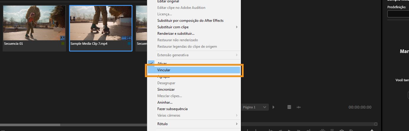 Menu de contexto no Premiere Pro com a opção Vincular destacada para reconectar clipes de áudio e vídeo separados na linha do tempo.