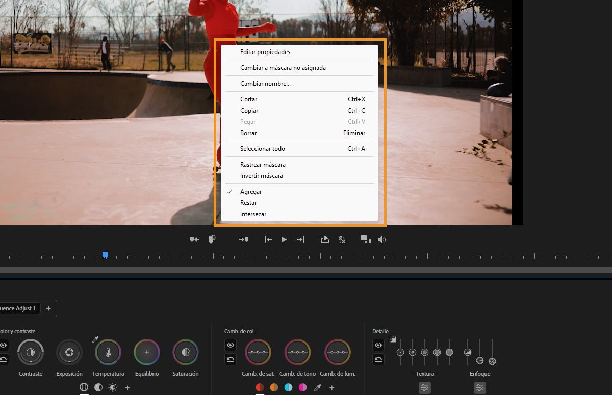Menú contextual que muestra opciones de máscara como seguimiento, invertir y editar propiedades en el panel Color.