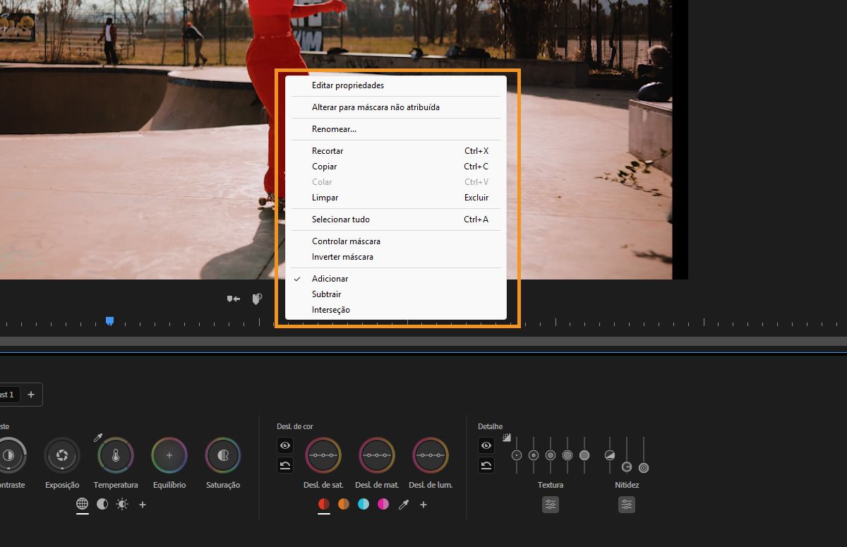 Menu de contexto mostrando opções de máscara como rastrear, inverter e editar propriedades no painel Cor.