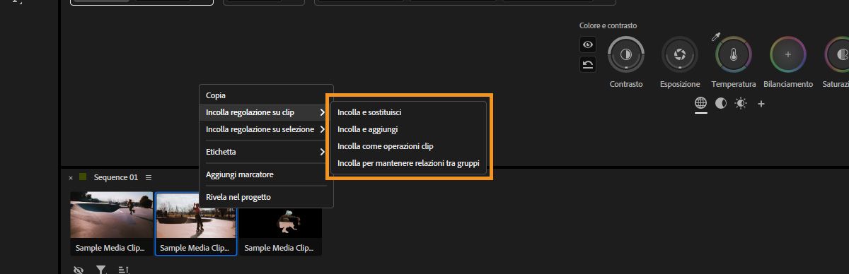 Menu di scelta rapida che mostra le opzioni di incolla per applicare correzioni colore copiate alle clip nel pannello Strumenti colore.