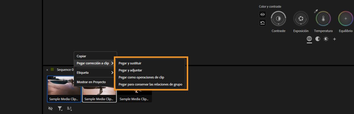 Menú contextual que muestra las opciones de pegado para aplicar correcciones de color copiadas a clips en el panel Herramientas de color.