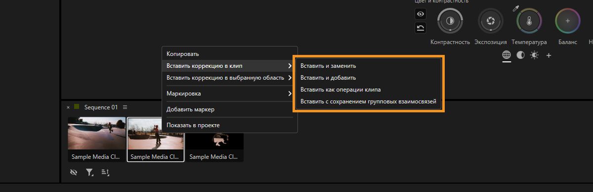 Контекстное меню, отображающее параметры вставки для применения скопированных цветокоррекций к клипам на панели «Цветовые инструменты».