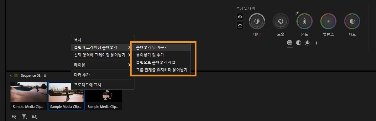 Color Tools 패널에서 복사된 그레이드를 클립에 적용하기 위한 붙여넣기 options을 보여주는 상황별 메뉴.