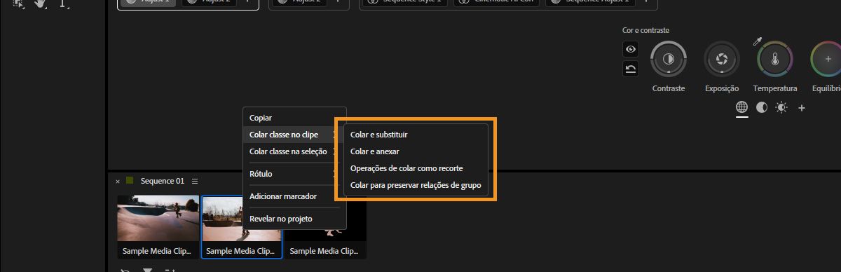 Menu contextual que mostra opções de colar para aplicar gradações copiadas a clipes no painel Ferramentas de Cor.