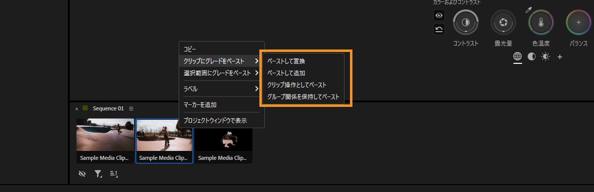 カラーツールパネルでクリップにコピーしたグレードを適用するためのペーストオプションを表示するコンテキストメニュー。