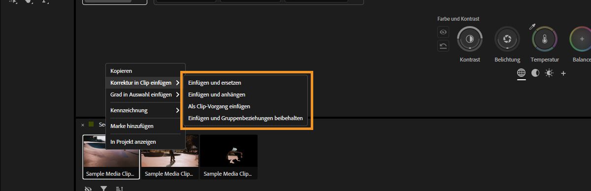 Kontextmenü mit Einfügeoptionen zum Anwenden kopierter Korrekturen auf Clips im Bedienfeld „Farbwerkzeuge“.