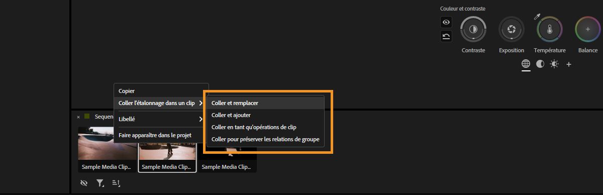 Menu contextuel affichant les options de collage pour appliquer les étalonnages copiés aux clips dans le panneau Outils de couleur.