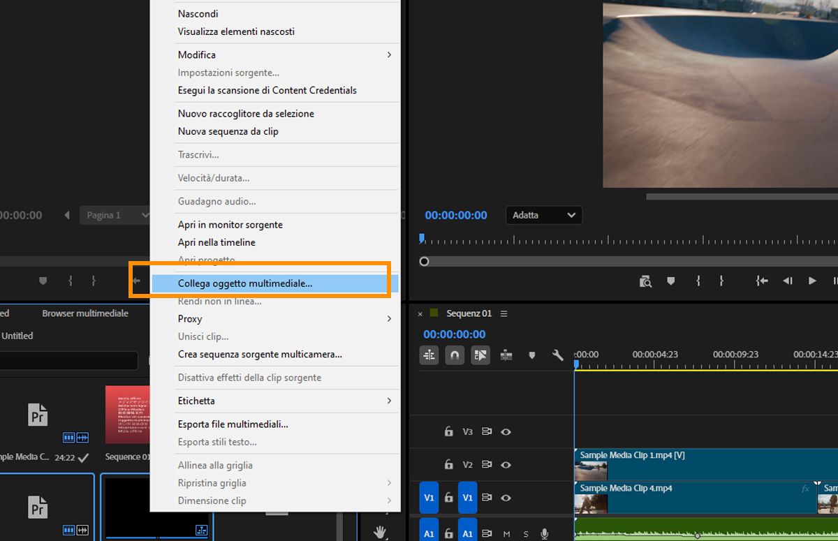Menu contestuale con Collega media evidenziato per le clip offline selezionate nel pannello Progetto.