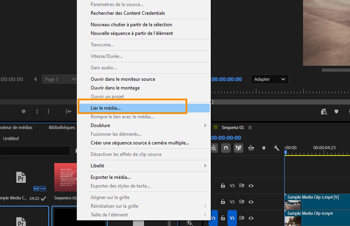 Menu contextuel avec Lier les médias mis en surbrillance pour les clips hors ligne sélectionnés dans le panneau Projet.