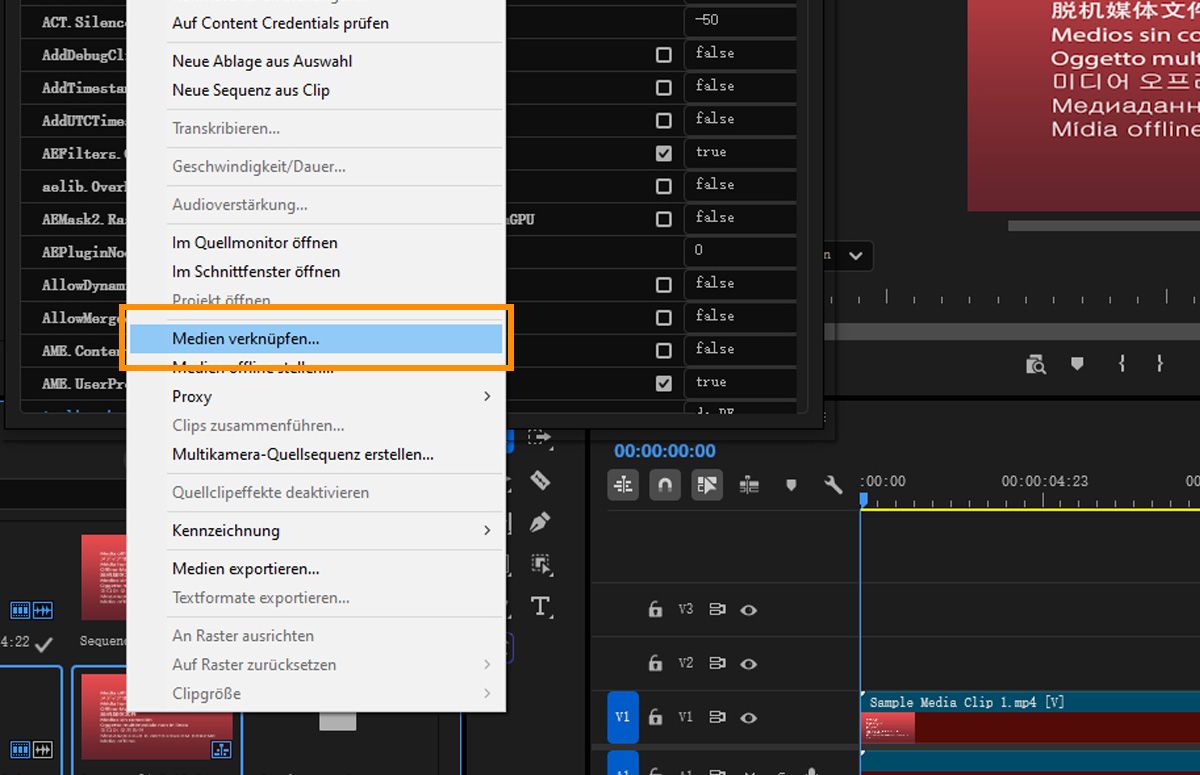 Kontextmenü mit hervorgehobenem „Medien verknüpfen" für ausgewählte Offline-Clips im Projektfenster.