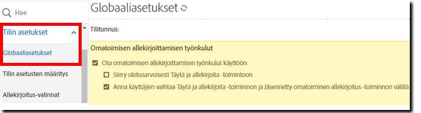 Siirtyminen Täytä ja allekirjoita -toimintoon