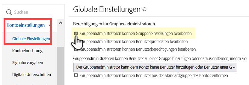 Steuerelemente erlauben Gruppenadministratoren, Gruppen zu bearbeiten