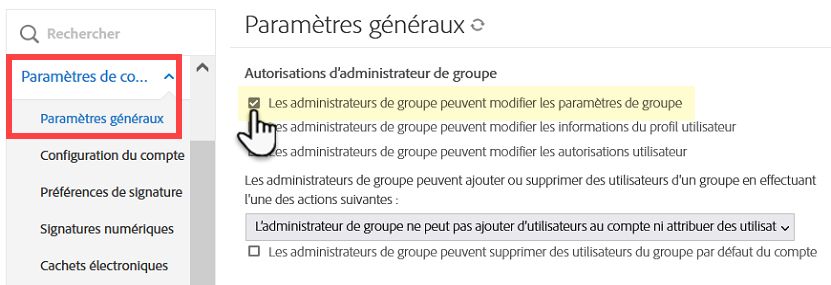 Commandes permettant aux administrateurs de groupe de modifier des groupes