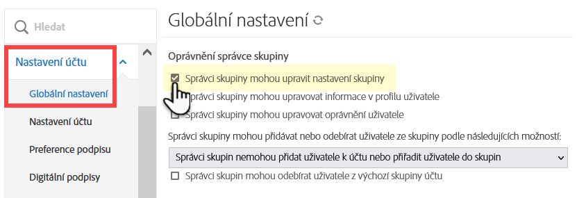 Ovládací prvky umožňující správcům skupin upravovat skupiny