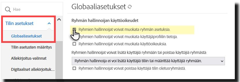 Hallintaominaisuudet sallivat ryhmän ylläpitäjien muokata ryhmiä