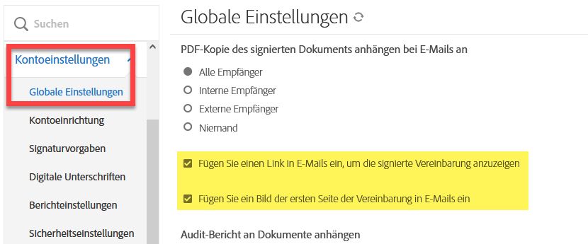 Bild und Links zur Vereinbarung in E-Mail