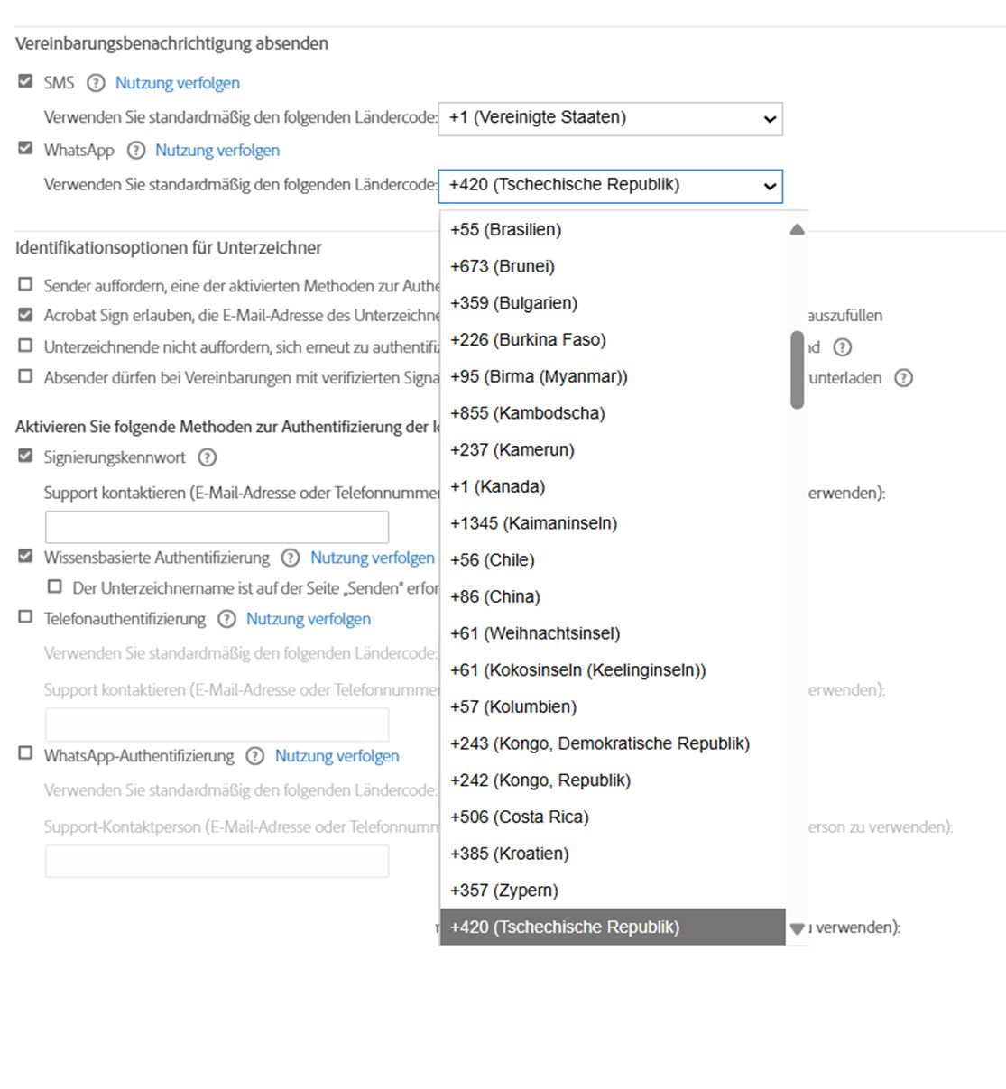 Na stránce Nastavení odesílání jsou zobrazeny ovládací prvky s rozbalenou rozevírací nabídkou Kód země.