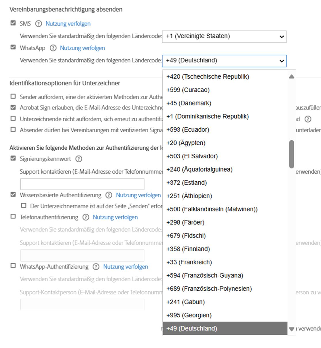 Die Seite „Sendeeinstellungen“ mit Steuerelementen und dem erweitertem Dropdown-Menü „Ländercode“.
