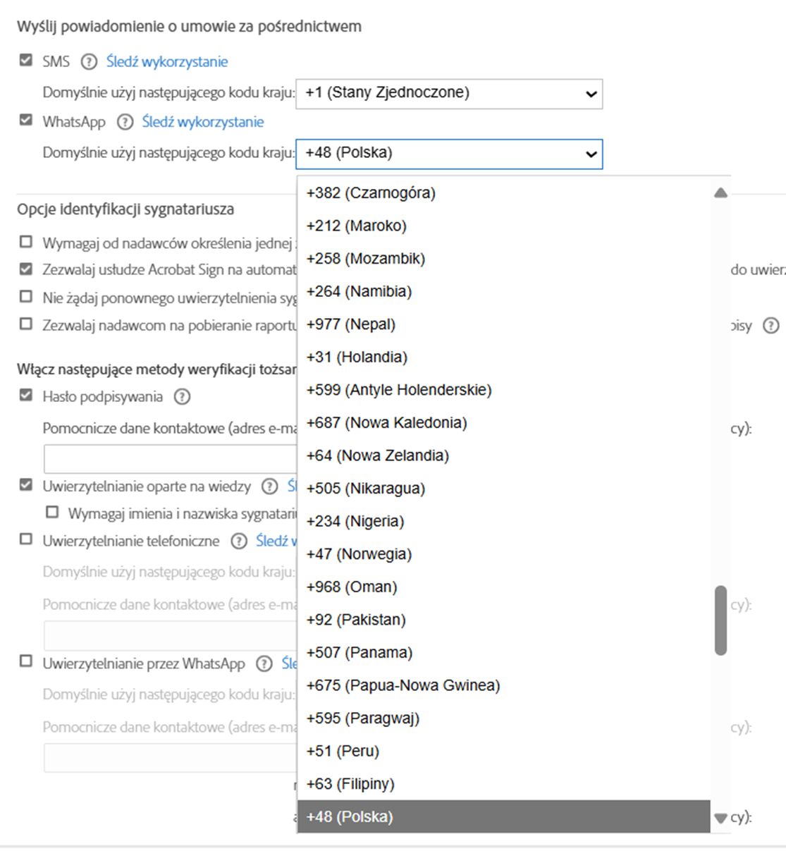 Strona Ustawienia wysyłania pokazująca elementy sterujące z rozwiniętym menu Kod kraju.