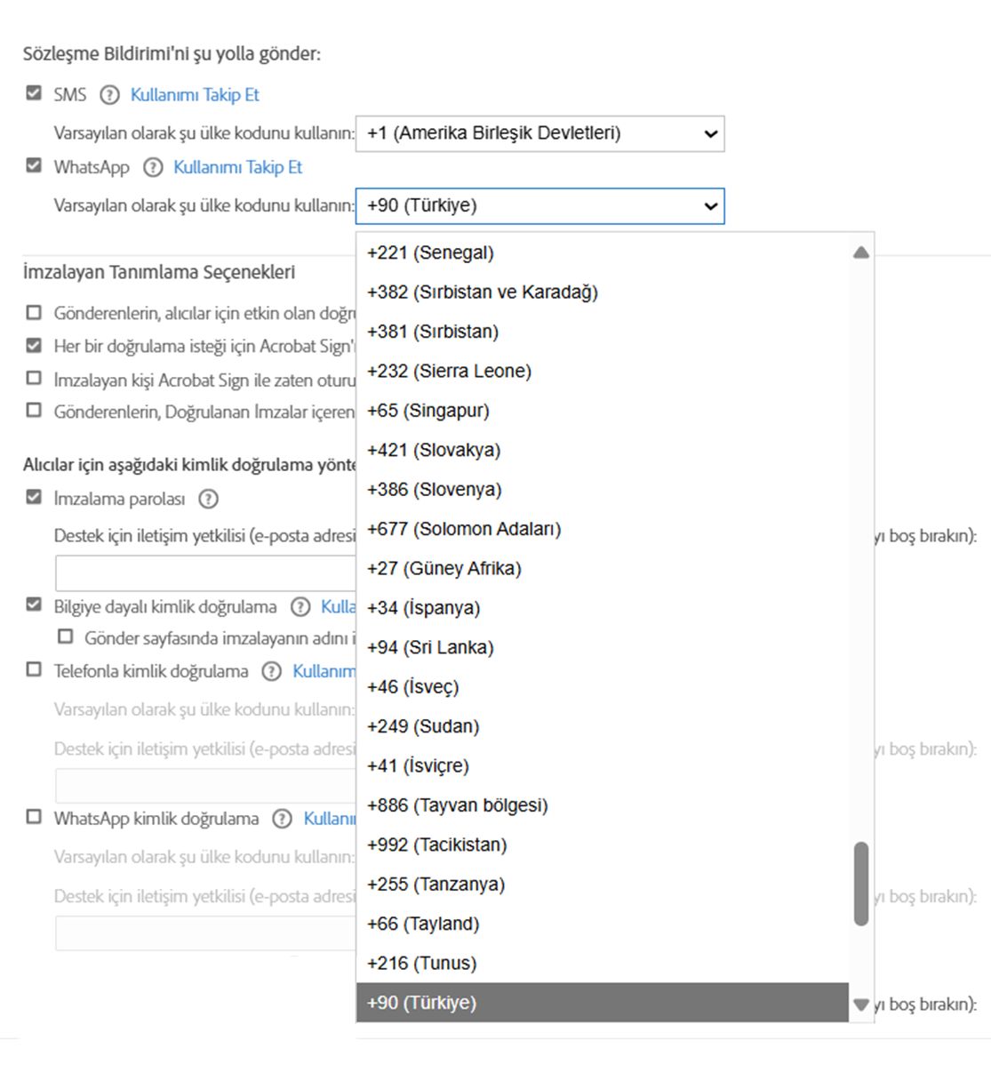 Ülke Kodu açılır menüsü genişletilmiş olarak kontrolleri gösteren Gönderme Ayarları sayfası.