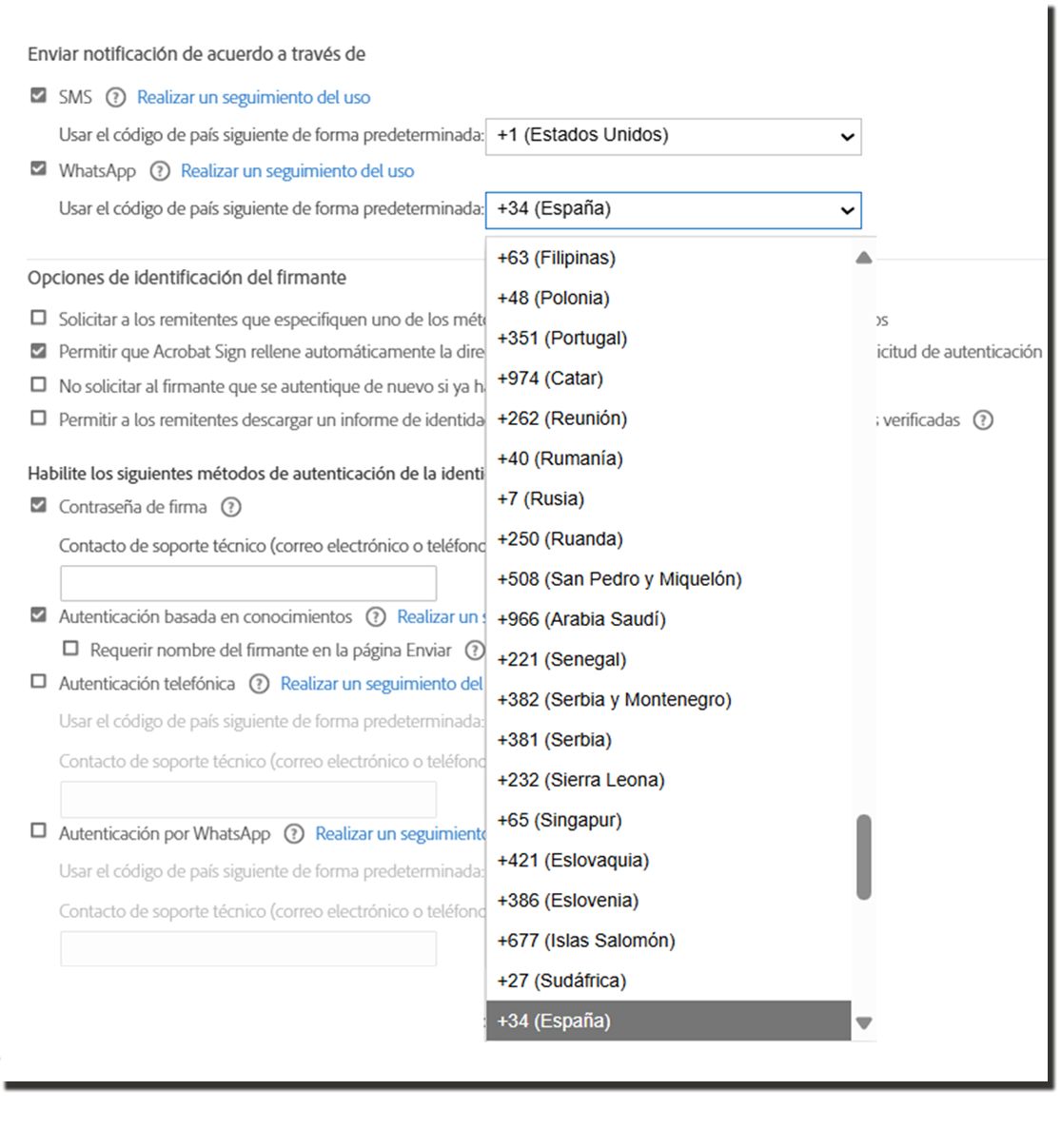 La página Configuración de envío muestra los controles con el menú desplegable Código de país expandido.