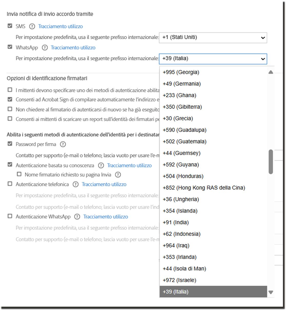La pagina Impostazioni di invio che mostra i controlli con il menu a discesa Codice paese espanso.