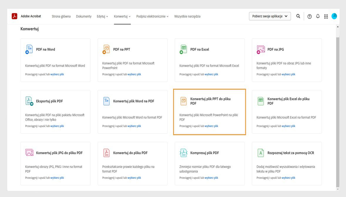 Strona Konwertuj wyświetla narzędzia do konwersji plików Word, PPT, Excel i JPG do formatu PDF oraz narzędzia do konwersji plików PDF do innych formatów. Narzędzie PPT do PDF jest podświetlone.
