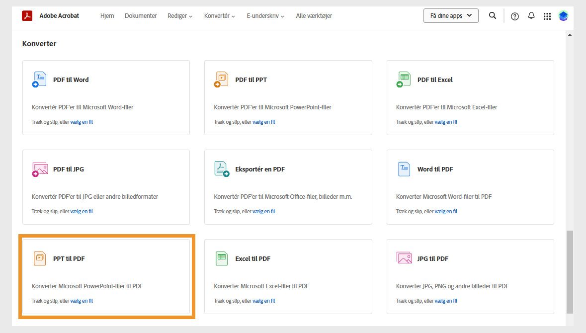 Konvertér side viser værktøjer til konvertering af Word, PPT, Excel og JPG til PDF'er, værktøjer til konvertering af PDF til andre filformater. Værktøjet PPT til PDF er fremhævet.