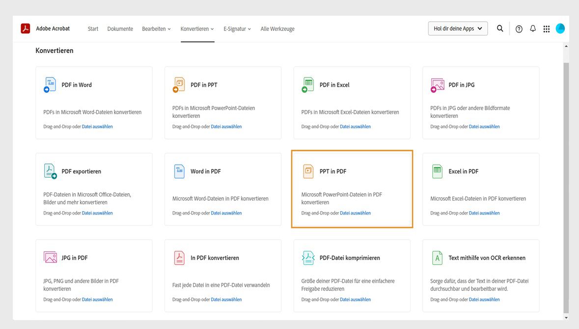 Die Seite „Konvertieren“ enthält Werkzeuge zum Konvertieren von Word-, PPT-, Excel- und JPG-Dateien in PDF-Dateien sowie Werkzeuge zum Konvertieren von PDF-Dateien in andere Dateiformate. Das PPT-zu-PDF-Werkzeug ist hervorgehoben.