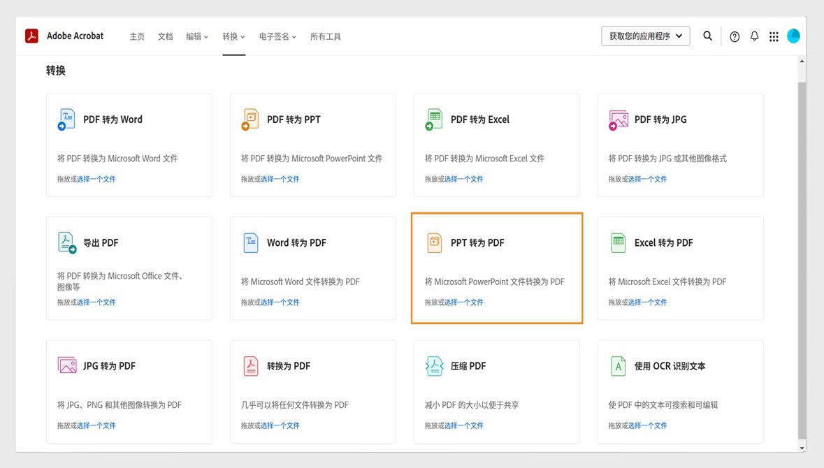 “转换”页面显示用于将 Word、PPT、Excel 和 JPG 转换为 PDF 的工具、用于将 PDF 转换为其他文件格式的工具。 PPT 转换为 PDF 工具高亮显示。