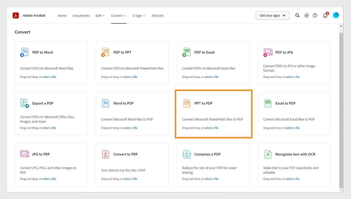Ang Convert page ay nagpapakita ng mga tool para sa pag-convert ng Word, PPT, Excel, at JPG na maging mga PDF, mga tool para sa pag-convert ng PDF na maging iba pang format ng file. Naka-highlight ang PPT na maging PDF na tool.