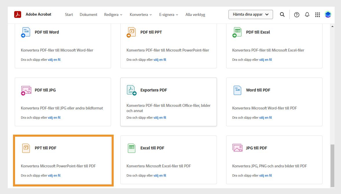 På sidan Konvertera finns verktyg för att konvertera Word, PPT, Excel och JPG till PDF-filer samt verktyg för att konvertera PDF-filer till andra filformat. Verktyget PPT till PDF är markerat.