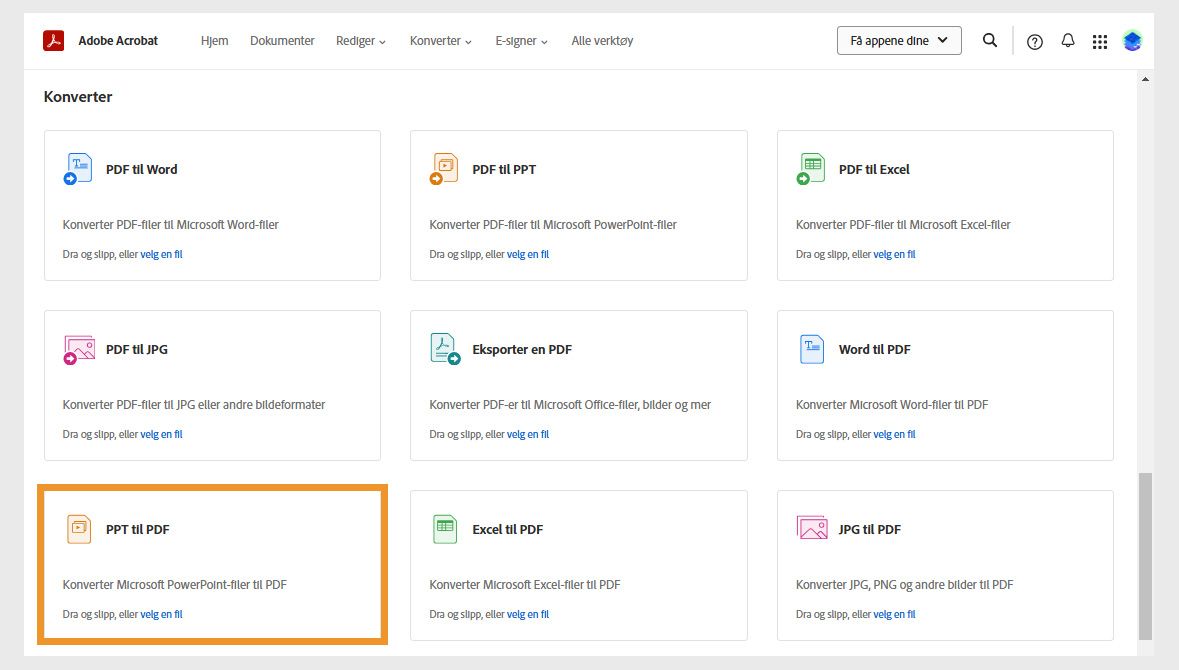 Konverteringssiden som viser verktøy for å konvertere Word, PPT, Excel og JPG til PDF-filer, og verktøy for å konvertere PDF til andre filformater. Verktøyet for PPT til PDF er uthevet.