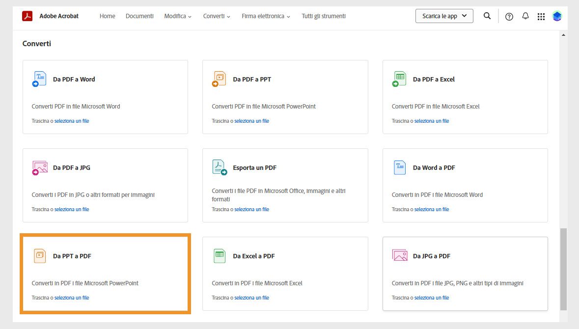Pagina Converti che mostra gli strumenti per convertire Word, PPT, Excel e da JPG in PDF, strumenti per la conversione di PDF in altri formati di file. Lo strumento Da PPT in PDF è evidenziato.
