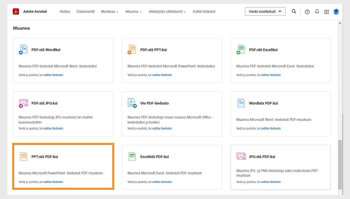 Muunna-sivulla näkyvät työkalut Wordin, PPT:n, Excelin ja JPG:n muuntamiseen PDF-tiedostoiksi ja PDF-tiedostojen muuntamiseen muiksi tiedostomuodoiksi. PPT:stä PDF:ksi -työkalu on korostettuna.