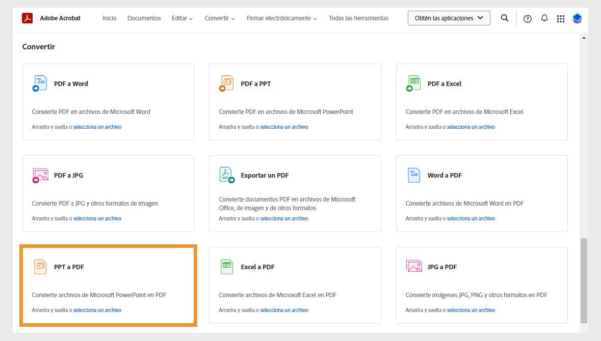 La página Convertir muestra herramientas para convertir Word, PPT, Excel y JPG a PDF, y herramientas para convertir PDF a otros formatos de archivo. Se destaca la herramienta PPT to PDF.