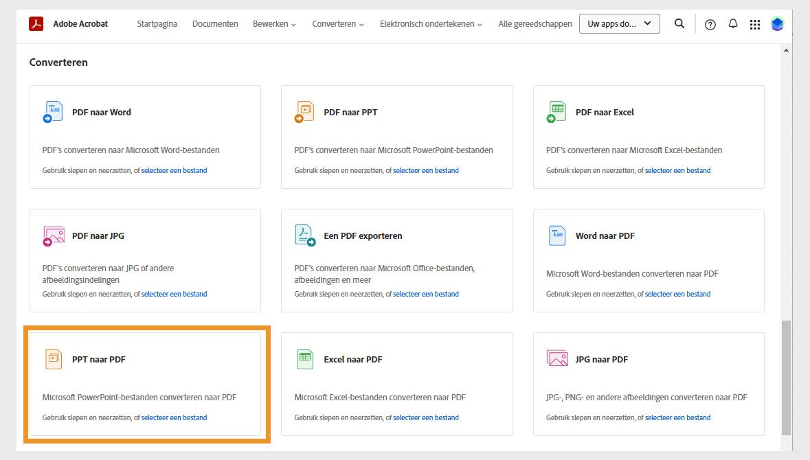 Op de pagina Converteren worden tools weergegeven voor het converteren van Word, PPT, Excel en JPG naar PDF, en tools voor het converteren van PDF naar andere bestandsindelingen. PPT naar PDF is gemarkeerd.
