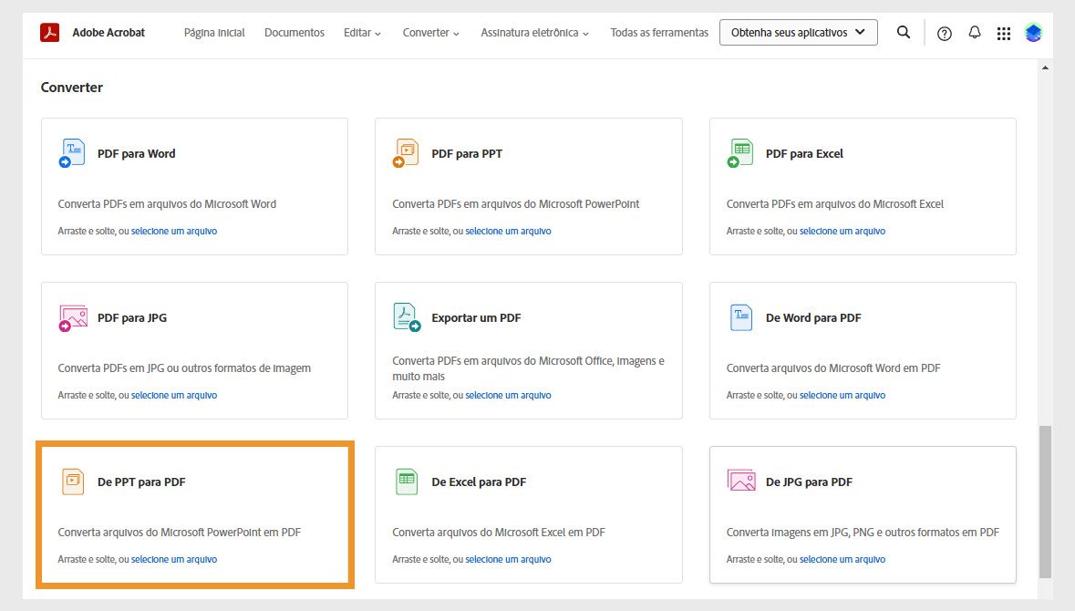 A página de conversão exibe ferramentas para converter arquivos Word, PPT, Excel e JPG em PDFs, bem como ferramentas para converter PDFs em outros formatos de arquivo. A ferramenta PPT para PDF está em destaque.