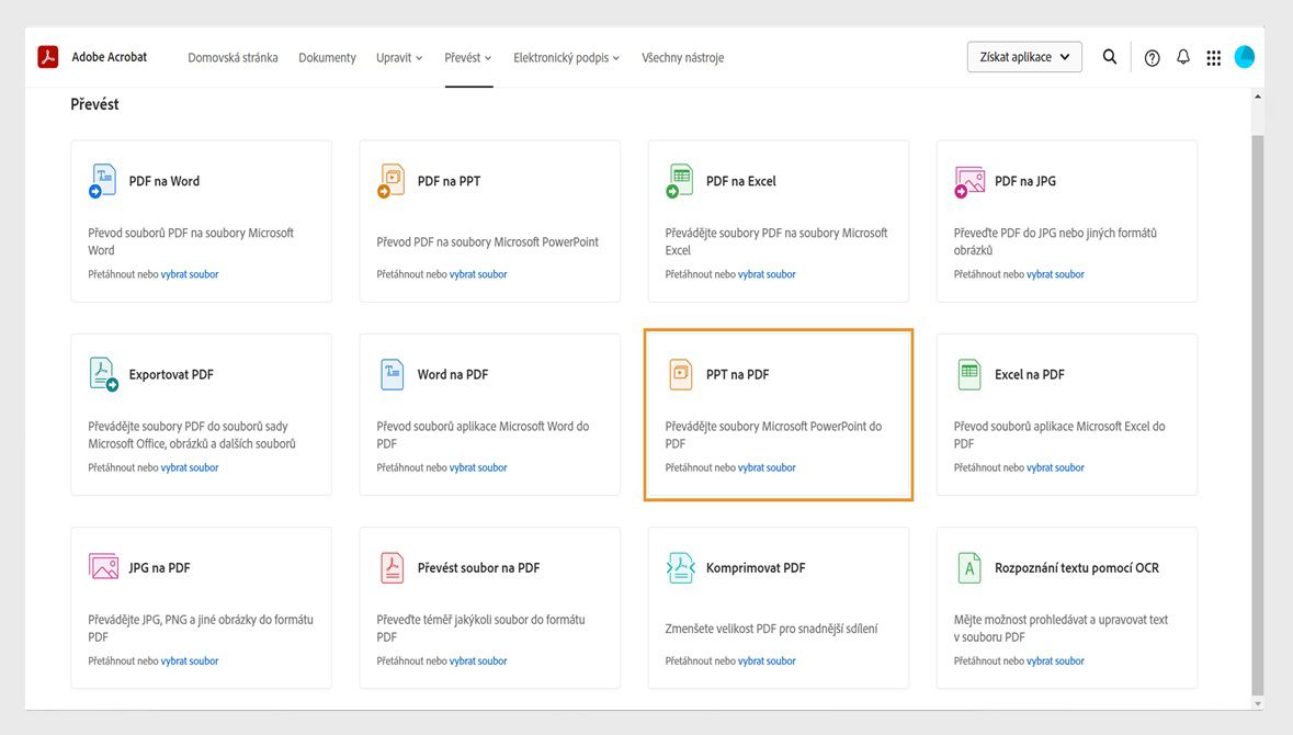 Stránka převodu zobrazí nástroje pro převod souborů Word, PPT, Excel a JPG do PDF, nástroje pro převod PDF do jiných formátů souborů. Nástroj PPT do PDF je zvýrazněný.